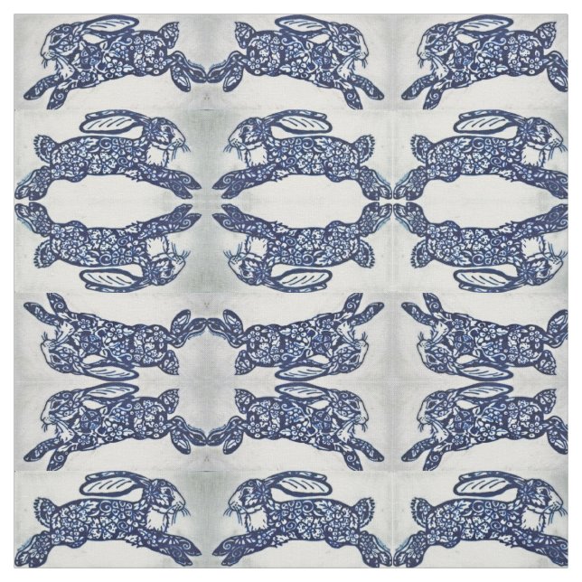 Blå vit orientalisk kanin Stil Designer Fabric Tyg (Provkarta)
