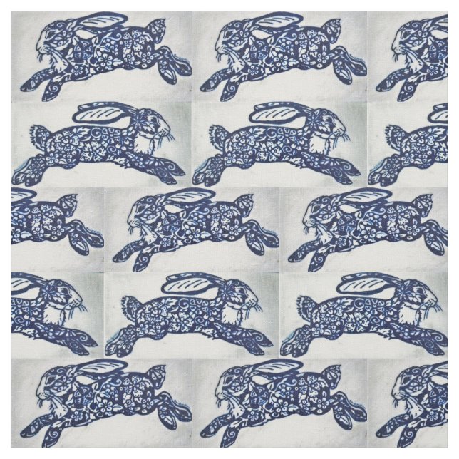 Blå vit orientalisk kanin Stil Designer Fabric Tyg (Provkarta)