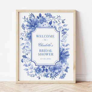 Blå vit peony chinoiserie bröllopsdusch välkommen poster