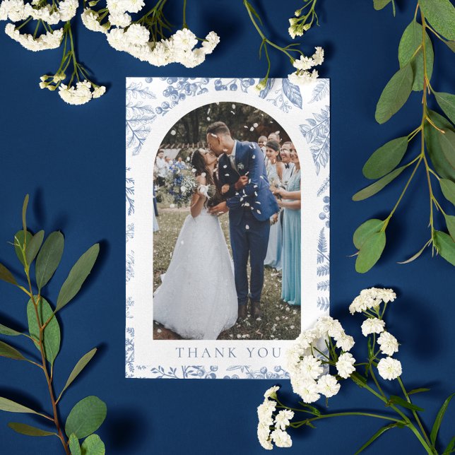Blå Vit Pil Floral Foto Bröllop Tack Kort (Blue White Willow Floral Photo Wedding Thank You Card)