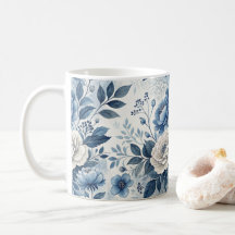 Blå & Vit Pion Blommig Mugg – Elegant Botanisk