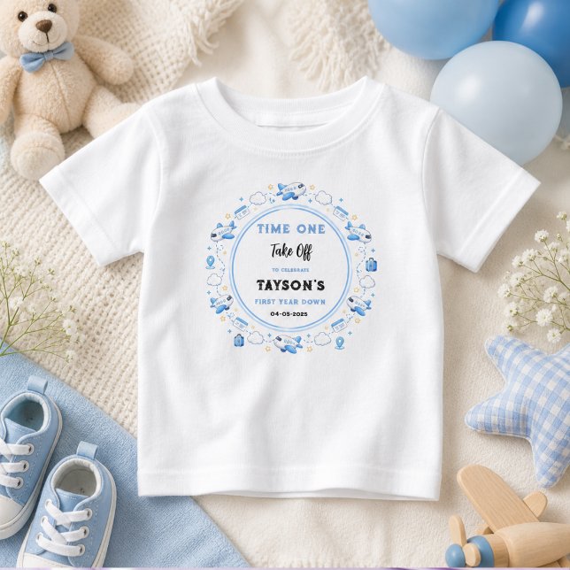 Blå Vit Planet 1-års Födelsedag Tid Första Take Of T Shirt (Blue White Plane 1st Birthday Time One Take Off Baby T-Shirt
)