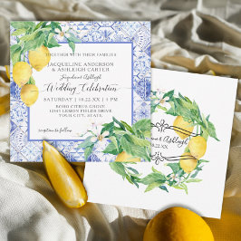 Blå vit platta, citrus Foliage Rustic, Blommigt Ci Inbjudningar