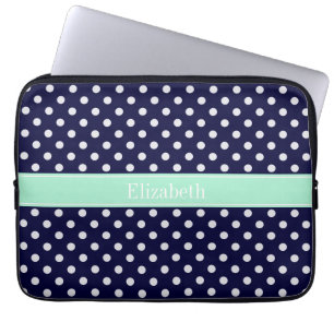 Blå vit Polka dots Mint Namn Monogram Laptop Fodral