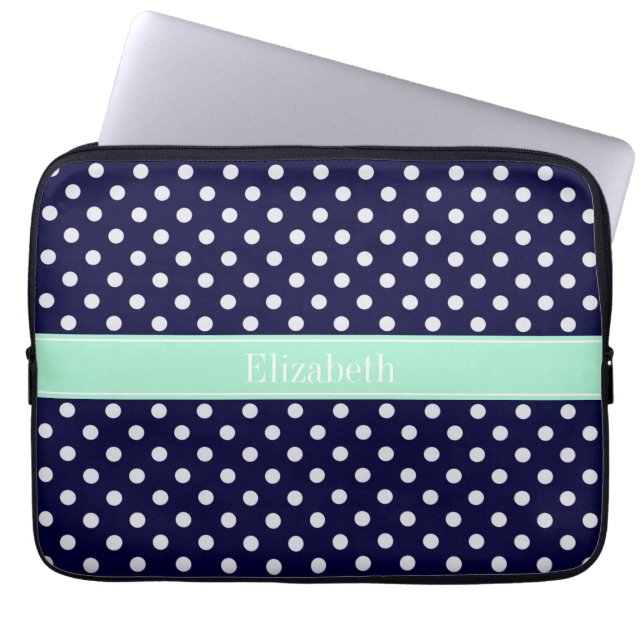 Blå vit Polka dots Mint Namn Monogram Laptop Fodral (Framsidan)