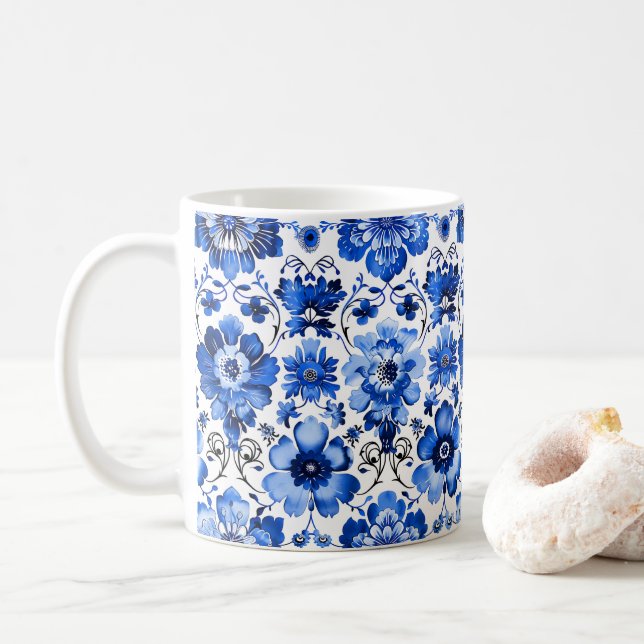 Blå vit portugisisk Azulejo Blommigt Ceramic Mugg (Med munk)