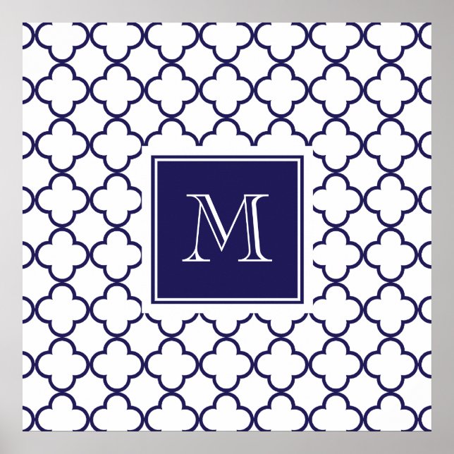 Blå, vit Quatrefoil Monogram stor Poster (Framsidan)