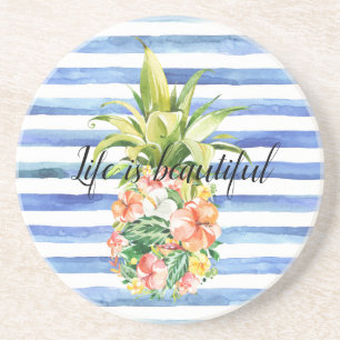 Blå vit Rand-ananas, tropisk Blommigt Underlägg