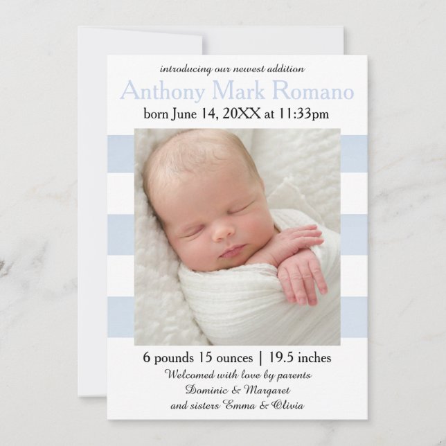 Blå/vit Rand-foto - födelsemeddelande Meddelande (Framsida)