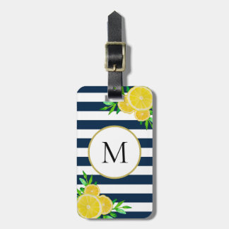 Blå vit Rand Juicy Watercolor Lemon Monogram Bagagebricka
