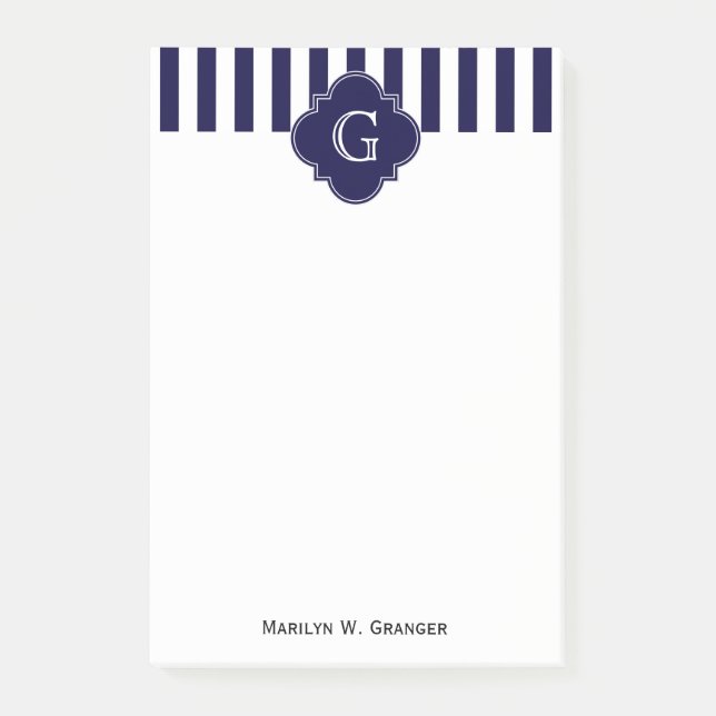 Blå vit Rand, marin etikett Monogram Post-it Block (Framsida)