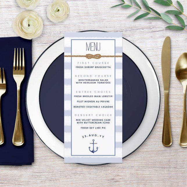 Blå Vit Rand ⚓️ Oändlig Knut Marin Bröllopsinbjuda Meny (♾ Infinity Knot Nautical Wedding Menu ⚓ with Light Blue and White Watercolor Stripes)