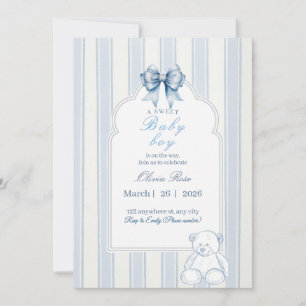 Blå vit randig retro teddybjörn baby shower inbjudningar