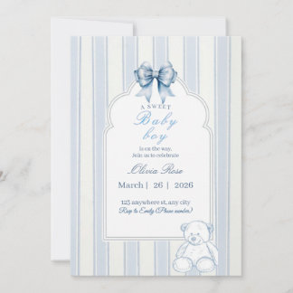Blå vit randig retro teddybjörn baby shower inbjudningar