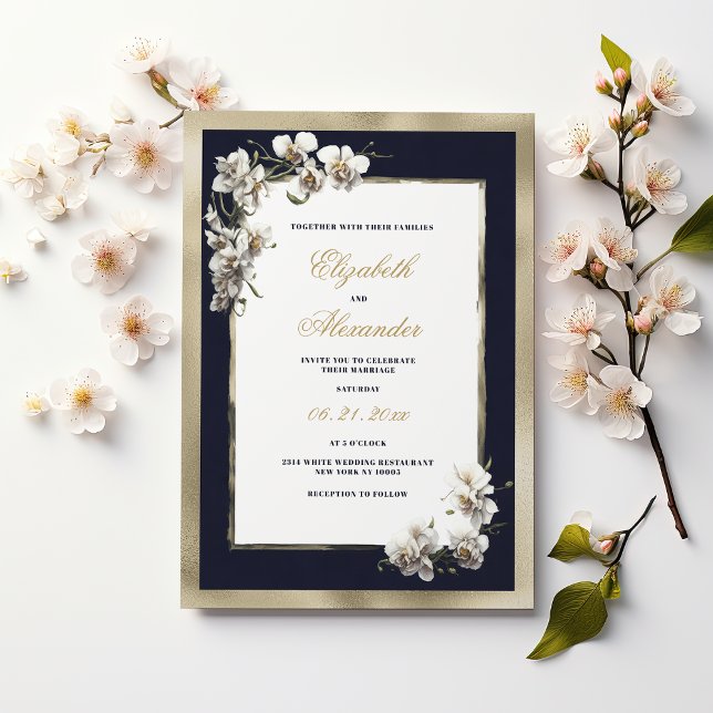 Blå vit rödvitrolja bröllop i guld inbjudningar (Luxury gold navy blue white orchid flower wedding )