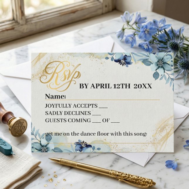 Blå Vit Rustik Blommig Bröllops Svarkort | Boho OSA Kort (Blue White Rustic Floral Wedding Reply Card | Boho Vintage Blooms)