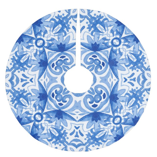 Blå vit ruta, vattenfärg, sömlös mönster. julgransmatta borstad polyester (Framsidan)