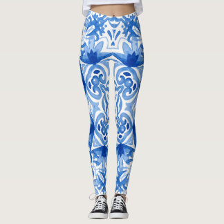 Blå vit ruta, vattenfärg, sömlös mönster. leggings