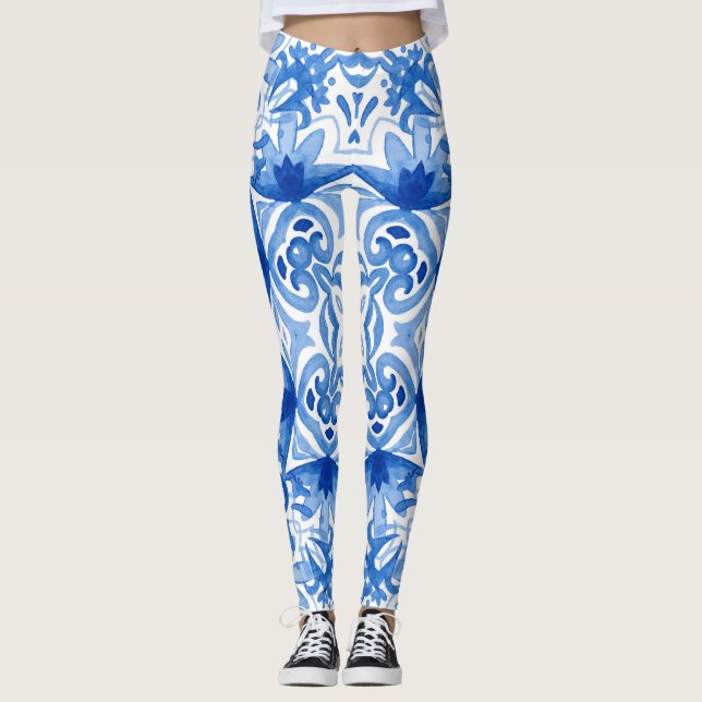 Blå vit ruta, vattenfärg, sömlös mönster. leggings (Framsida)
