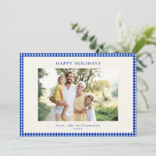Blå-vit rutig rand familjefoto julkort