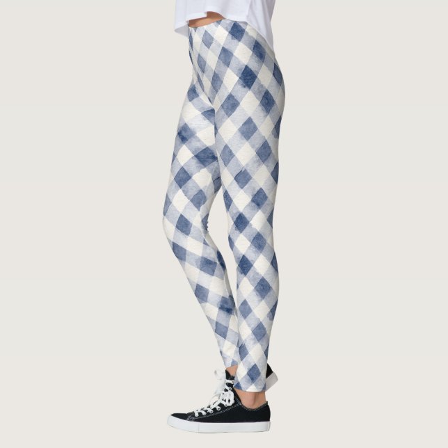 Blå Vit Rutig Randig Leggings (Vänster)