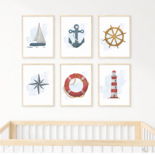Blå Vit Segelbåt Marin Ocean Tema Poster
