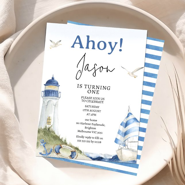 Blå vit Segelbåt Nautisk ahoy 1:a födelsedag Inbjudningar (Ahoy Nautical 1st Birthday Invite Boy Nautical Sailing Boat Party Invitation Printable Blue White)
