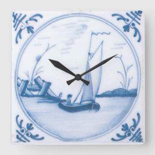 Blå vit segelbåt Vintage Delft-konst Fyrkantig Klocka