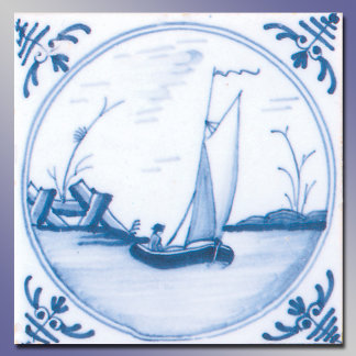 Blå vit segelbåt Vintage Delft konstplatta Kakelplatta