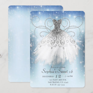 Blå Vit Silver Prinsessa Klänning Sweet 16 Festlig Inbjudningar