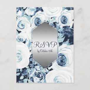 Blå Vit Silver Vinter Bröllop Elegant RSVP Inbjudan Vykort