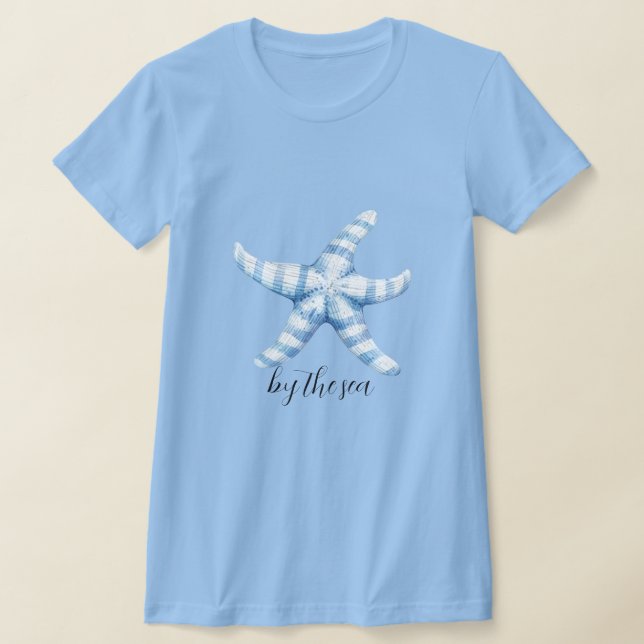 Blå Vit Sjöstjärna Strand   T Shirt (Laydown)