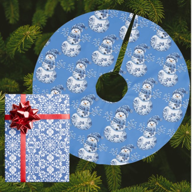 Blå Vit Snemann  Julgransmatta Borstad Polyester (Happy jolly snowman tree skirt!)