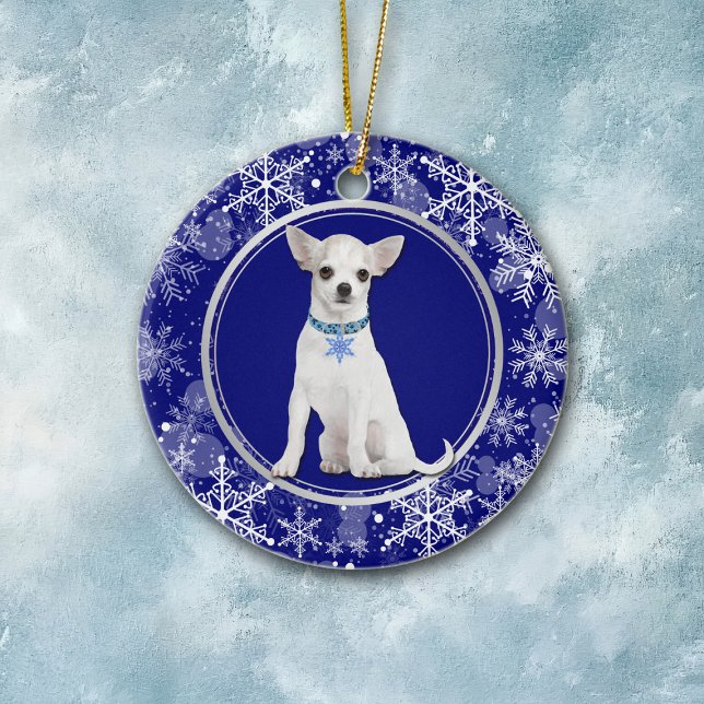 Blå vit snöflinga vit Chihuahua Julgransprydnad Keramik (Skapare uppladdad)