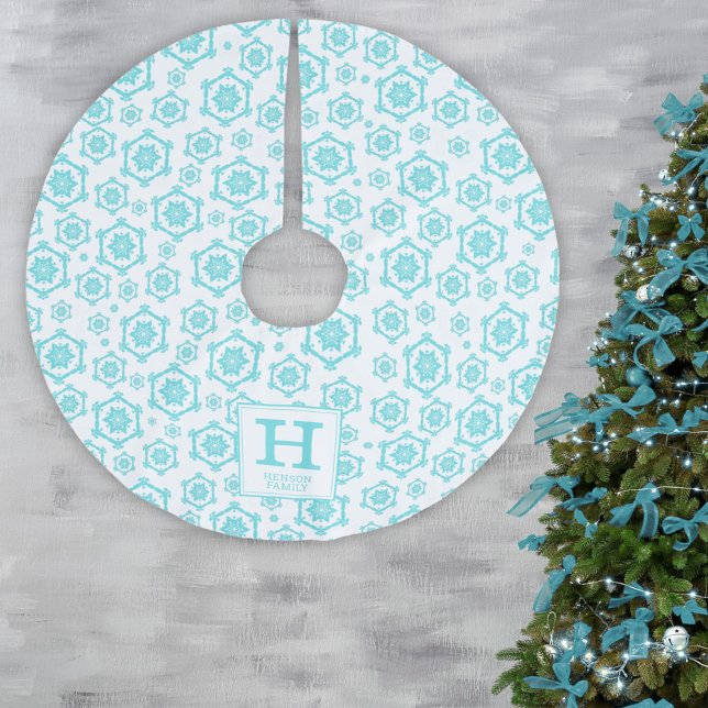 Blå vit snöflingande Mönster-familjens Monogram Julgransmatta Borstad Polyester (Skapare uppladdad)