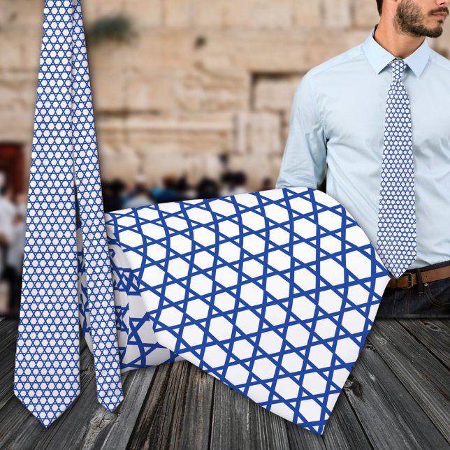 Blå vit stjärna av David Grid Slips (Blue White Star Of David Grid Neck Tie)