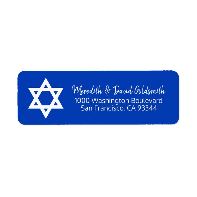 Blå vit stjärna av David Pub Mitzvah Adress Returadress Etikett (Framsidan)