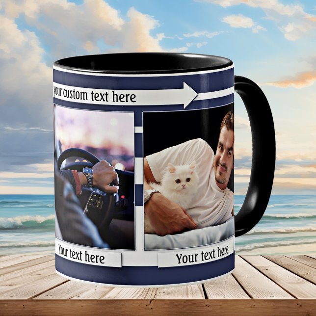 Blå vit stripe Hans Foto Mugg (Simple dark blue and white nautical striped mug with your own photos - great as a gift for him)