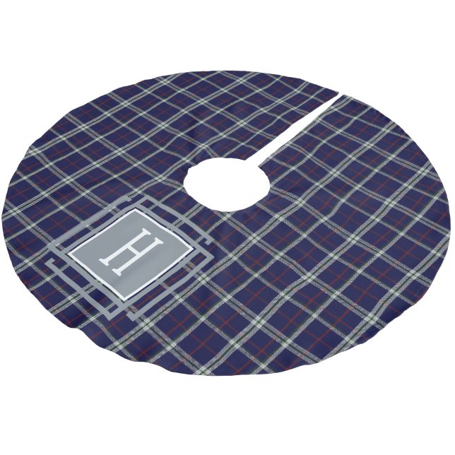 Blå vit Tartan Monogram  Julgransmatta Borstad Polyester (Vinklad)