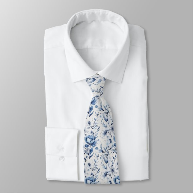 Blå vit toalett blomster bröllop män groomsmen gro slips (Bunden)