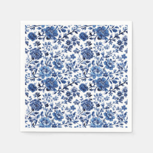Blå vit Toile Akvarell Blommig Pappersservett