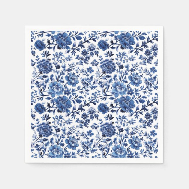 Blå vit Toile Akvarell Blommig Pappersservett (Framsidan)