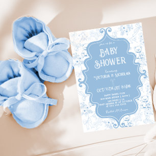 Blå Vit Toile Band Björn Baby Pojke Shower Inbjudningar