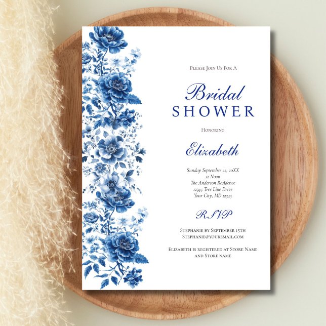 Blå Vit Toile Blommig Botanisk Bröllopsdusch Inbjudningar (Blue Watercolor Florals Toile Chinoiserie Bridal Shower Invitation. Printed or Digital Download)