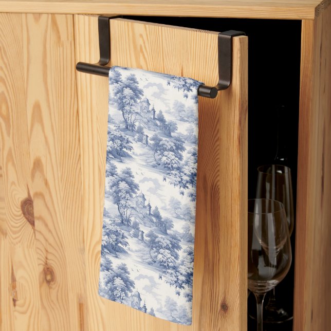 Blå Vit Toile Blommig Landsbygd Fransk  Kökshandduk (Thirds Fold)
