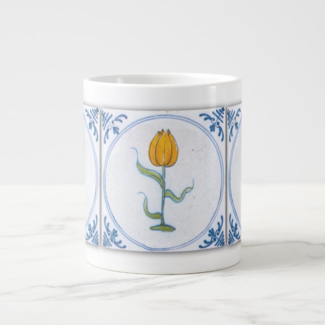 Blå vit tulpan falsk kakel kaffemugg jumbo mugg (Framsidan)