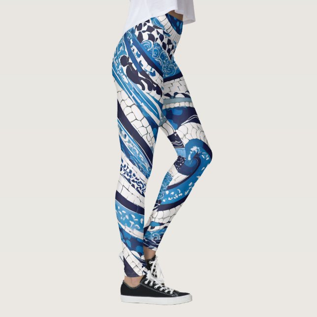 Blå vit våg Mönster 05 Leggings (Höger)