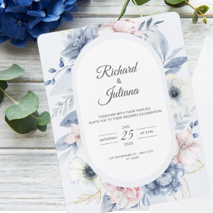Blå vit vattenfärg, Blommigt Bröllop Inbjudningar