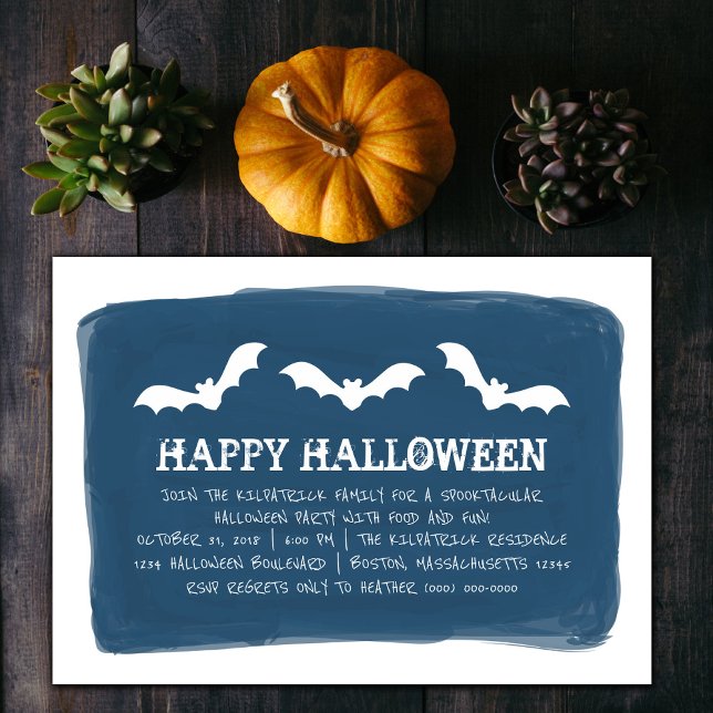 Blå vit vattenfärg, Fladdermöss Halloween fest Inbjudningar (Blue and White Watercolor Bats Halloween Party Invite)