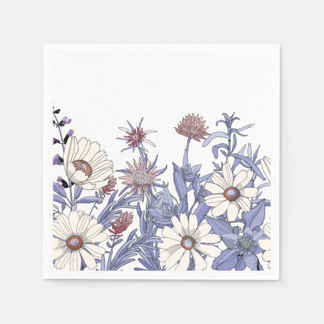 Blå vit vattenfärg Wildblommor Decoupage Pappersservett (Framsidan)